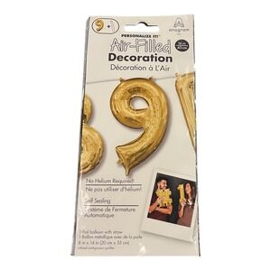 New Anagram Number "9" Gold 16" Foil Balloon W/ Straw No Helium Self Sealing